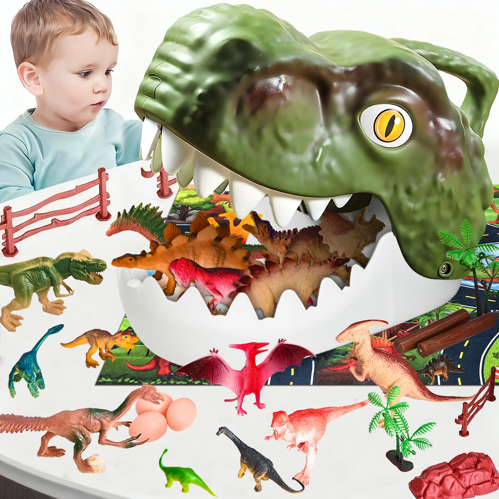 Kazaigou Dinosaur Toys for 2 3 4 Year Old Boy Gifts, 55 Pieces Dinosaurs Figures Playset for Kids Boys Age 2 3 4 5 - Birthday Gift for Toddler Boys & Girls