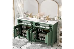 Harper & Bright Designs 60" Bathroom Vanity Set with Double Sink, Vanity Cabinet with Flip Drawer, 2 Doors, and Adjustable Shelf, Solid Wood Bathroom Cabinet with Ceramic Basin for Bathroom, Green