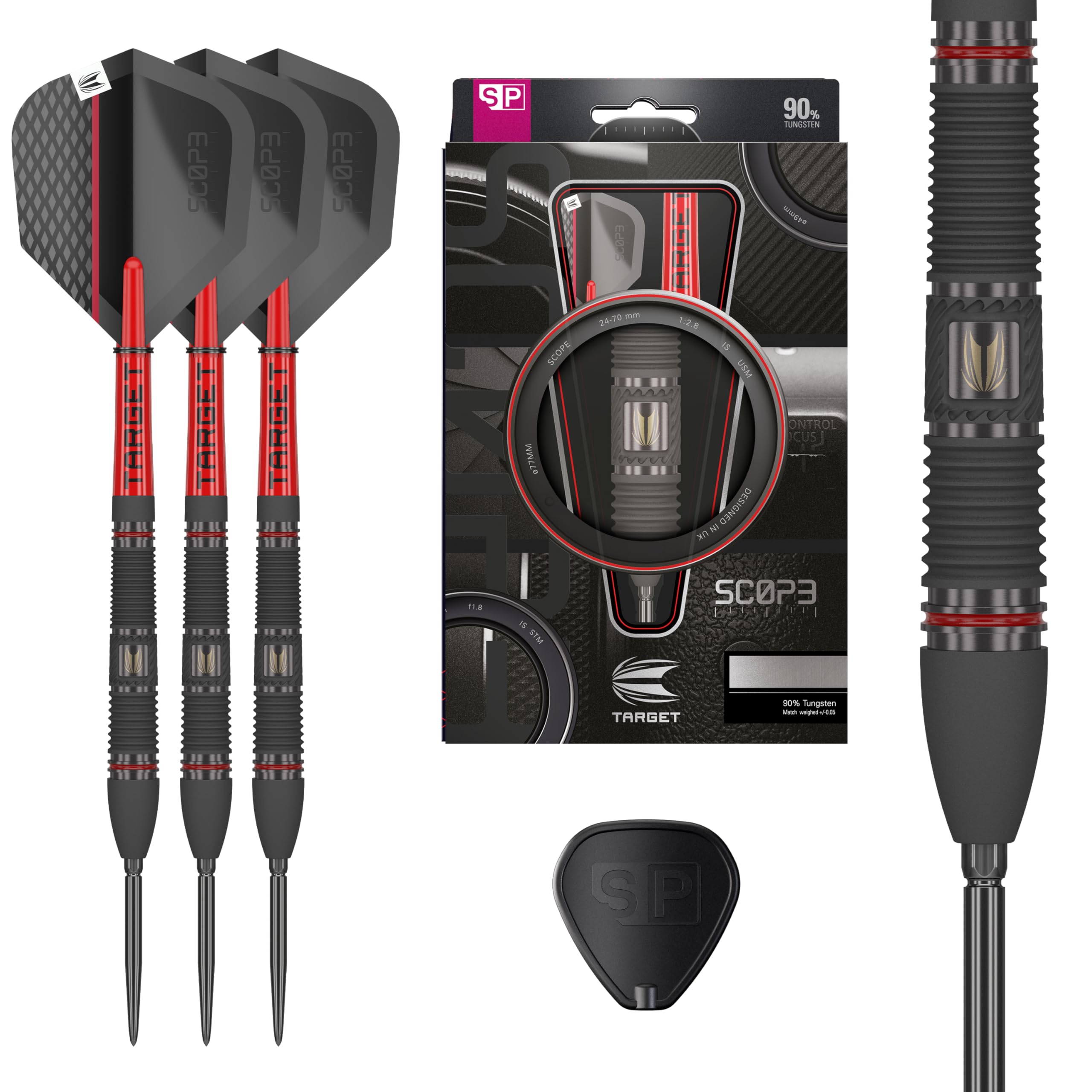 Target Darts Scope Steel Tip Swiss Point Darts, 90% Tungsten Dart Set, Barrel 02-23G | Steel Tip Dart Sets, Red & Black Darts, Professional Dart Set with Swiss Points & Tool