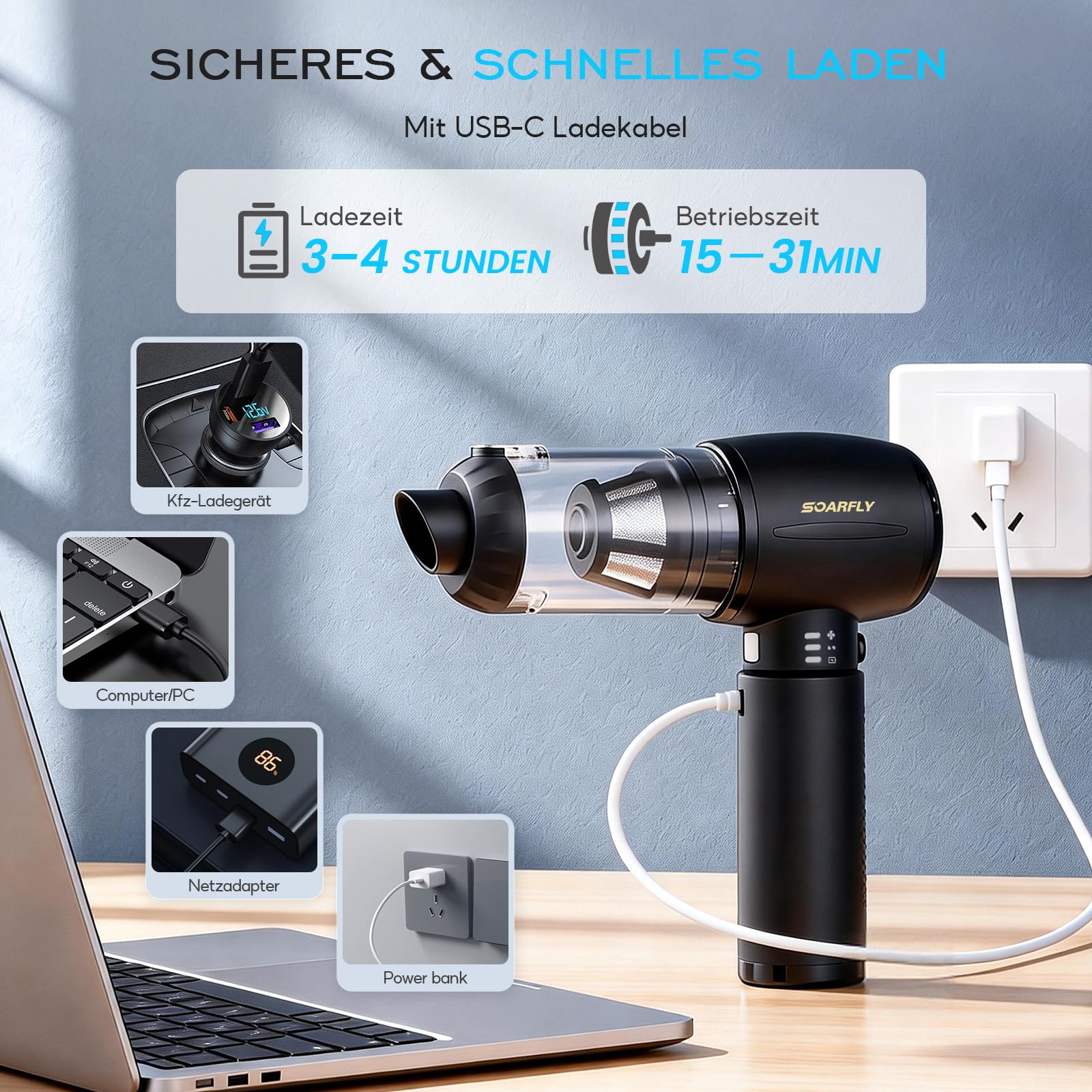 SoarFly Handstaubsauger Akku, 25000Pa 4 in 1 Auto Mini Staubsauger Kabellos Stark mit LED Licht, 2-Gang Elektrische Staubgebläse mit Bürstenloser Motor für den Auto, Küche, PC, Sofa, Büro 3