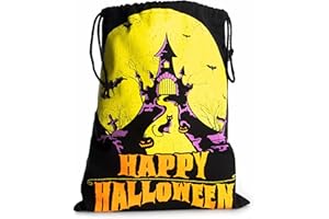 HAUNTLOOK Halloween Trick or Treat Candy Bag | Washable Canvas Tote Bag | Drawstring Bag for Halloween Candy | Haunted House