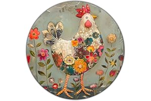 KLHSOF Chicken And Flower Metal Sign Vintage Tin Sign Round Sign Aluminum Sign for Farmhouse Kitchen Outdoor Outside Home Backyard Wall Decor 8 Inch