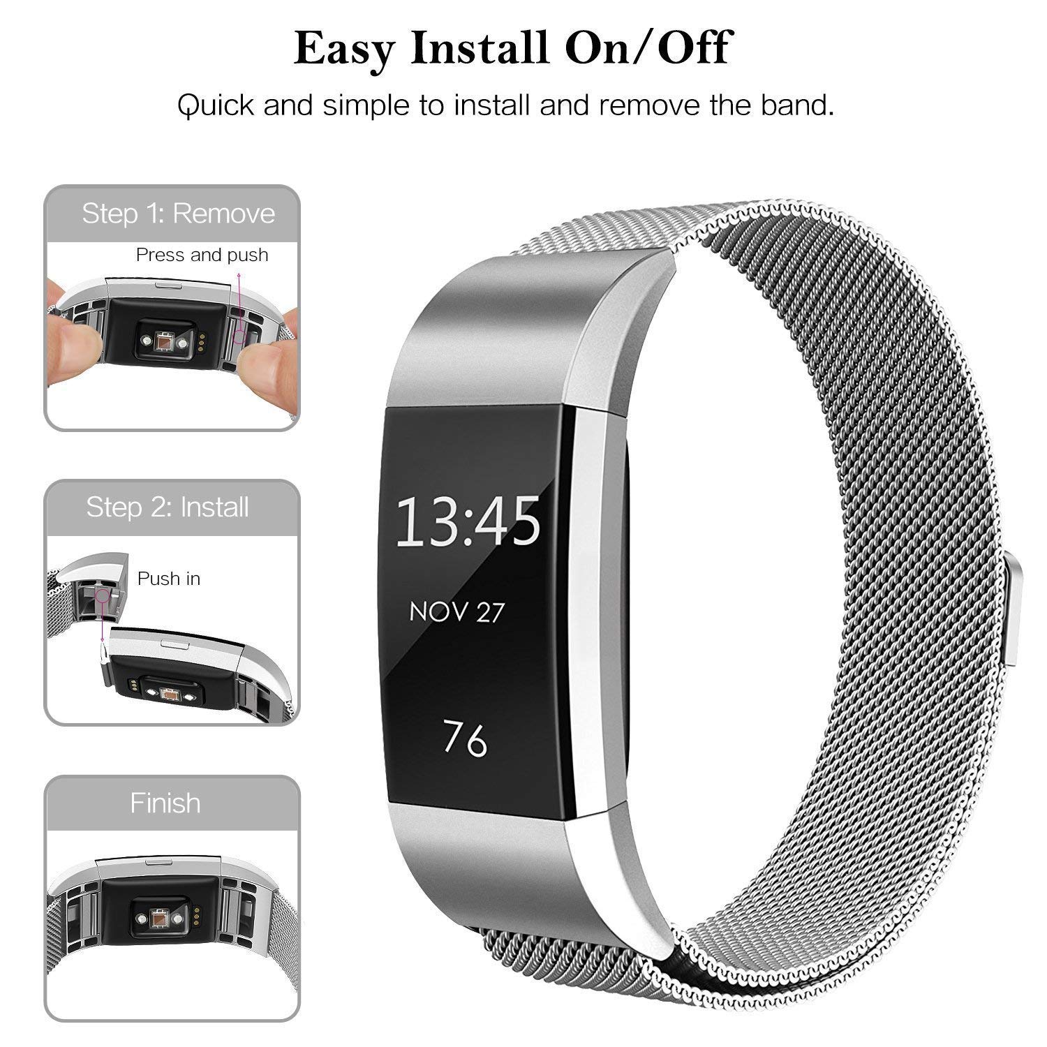 Fun Sponsor Fitbit Charge 2 Armband, Milanese Edelstahl Handgelenk Ersatzband Armbänder mit Magnet-Verschluss für Fitbit Charge2 Silber + Bonus Displayschutzfolie by