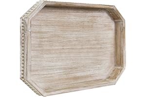 CEDARLUX Wooden Decorative Tray, Rustic Serving Tray with Wood Bead, Farmhouse Big Tray for Ottoman, Countertop, Coffee Tabl, 16.5" x 13"x 1.6" (White Washed)