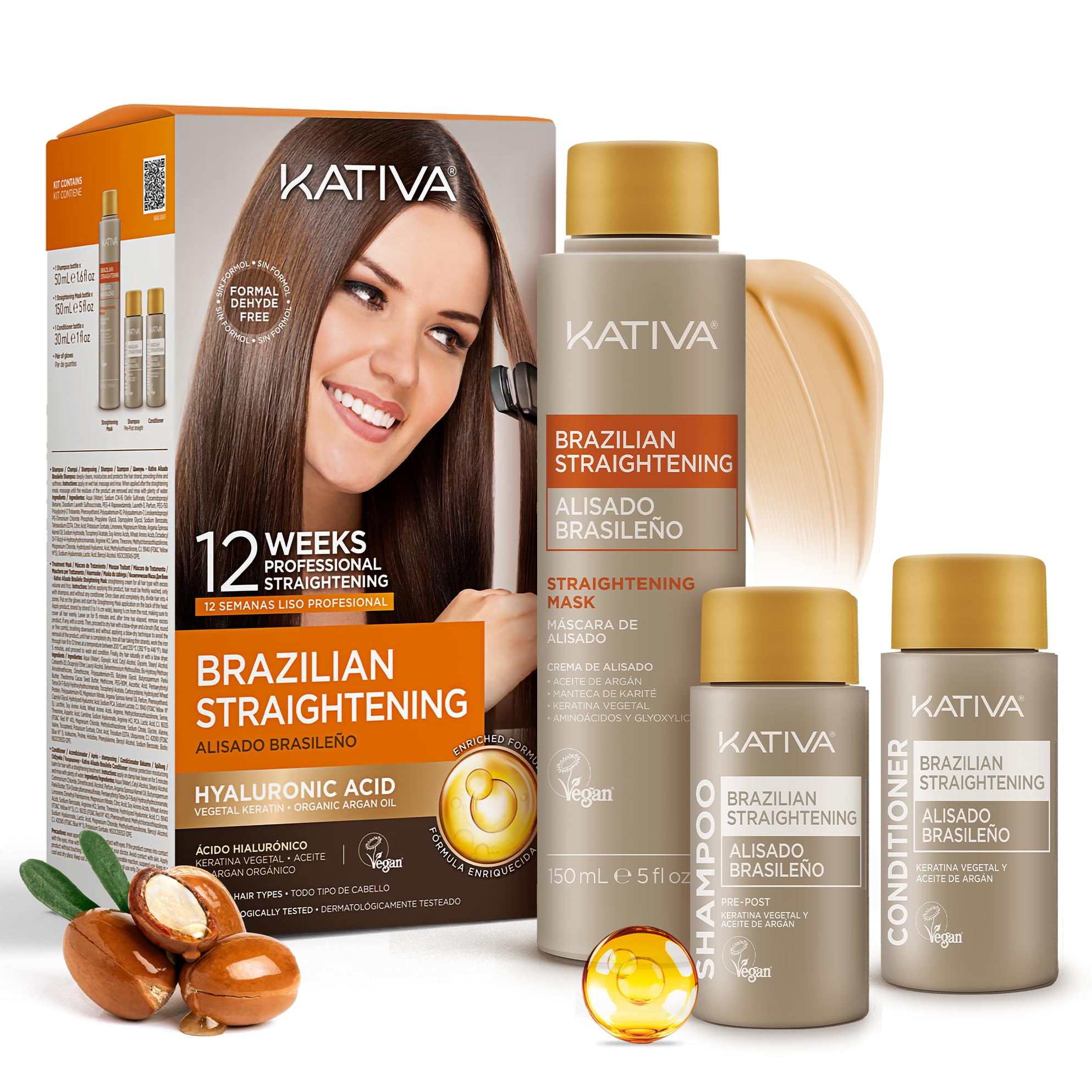 Kativa Brazilian Straightening Kit, 12 Weeks Home Use Professional | with Organic Argan Oil | Shea Butter | Keratin & Amino Acids | for Straighter, Softer and Shinier Hair | All Hair Types