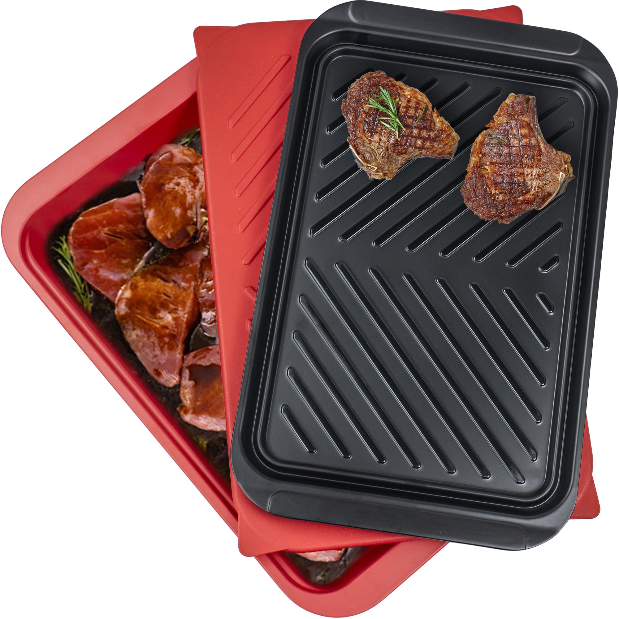 Photo 1 of ***MISSING THE DEEP TRAY/ONLY THE LID AND SERVING TRAY**ECOIOU Grilling Prep and Serving Tray with Lid, BBQ Deep Tray for Marinating Raw and Cooked Food, Melamine Serving Trays for Food, Black and Red