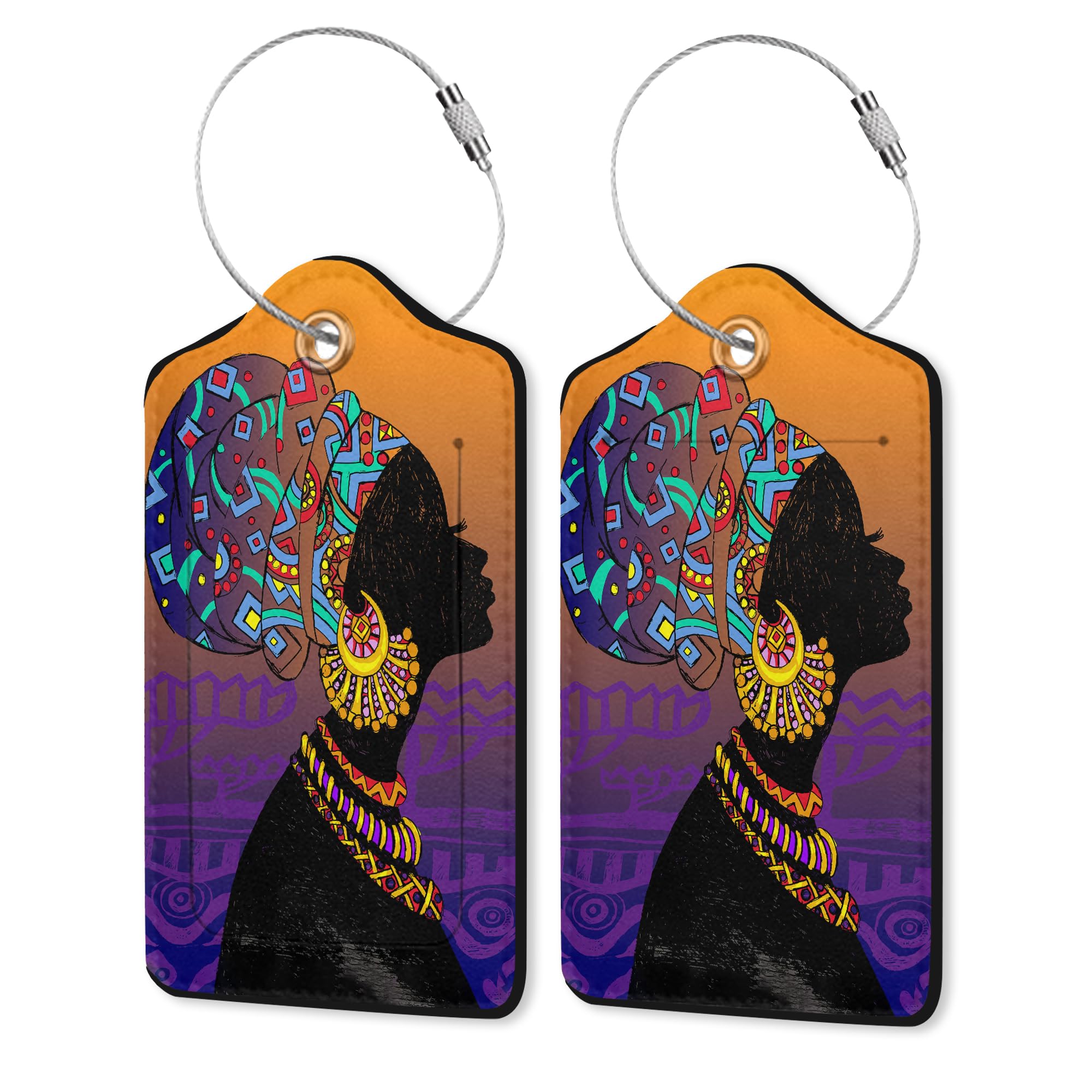 Photo 1 of 2 Pack Leather Luggage Tag for Suitcase African Girl Unique Travel Tags with Privacy Cover ID Label & Stainless Steel Loop for Men and Women Baggage