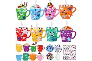 Funrous 48 Sets Winter Christmas Crafts Kit Hot Cocoa Paper Crafts DIY Make Your Own Coffee Cup Hanging Ornaments with Pompoms Snowflake Diamond Stickers for Holiday Classroom Activities Party Favors