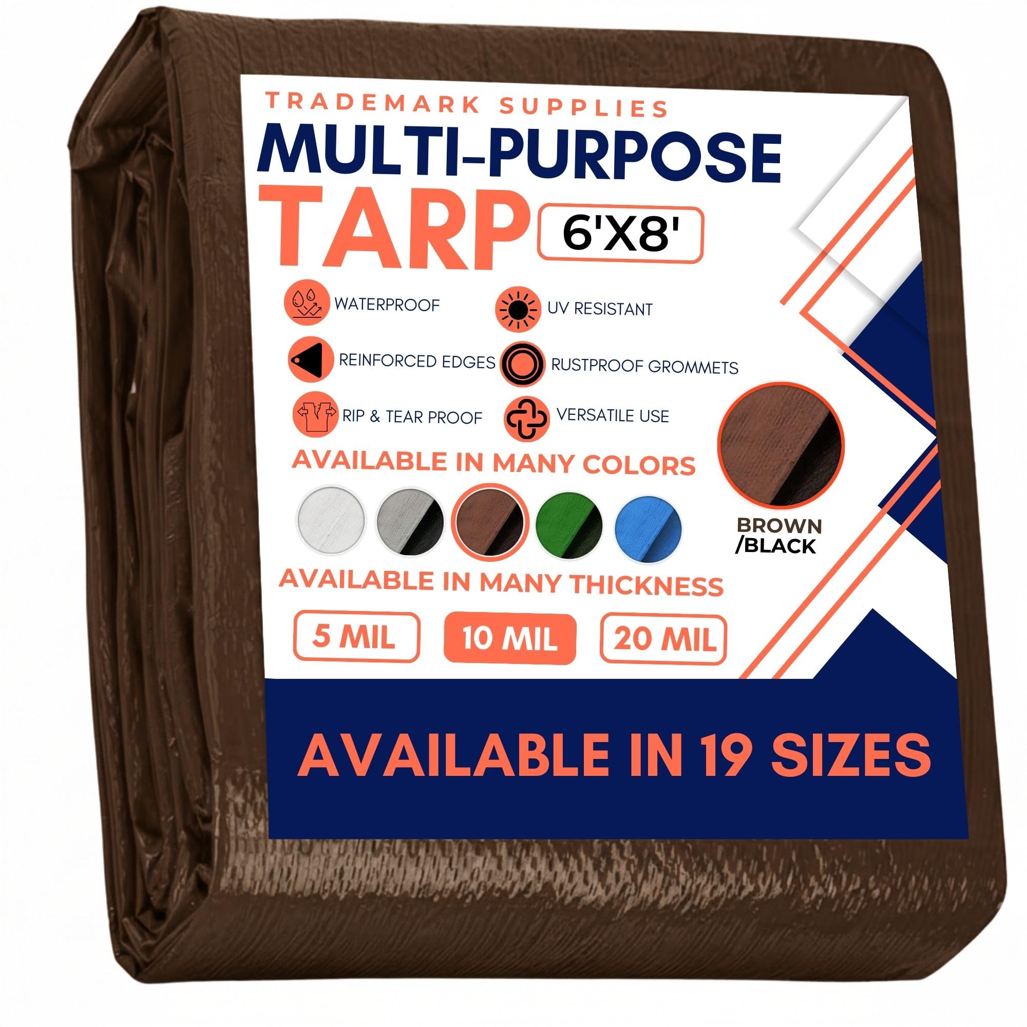 Tarp Cover Brown Black Heavy Duty Thick Material, Waterproof, Great for Tarpaulin Canopy Tent, Boat, RV Or Pool Cover! by Trademark Supplies (6X8, Heavy Duty)