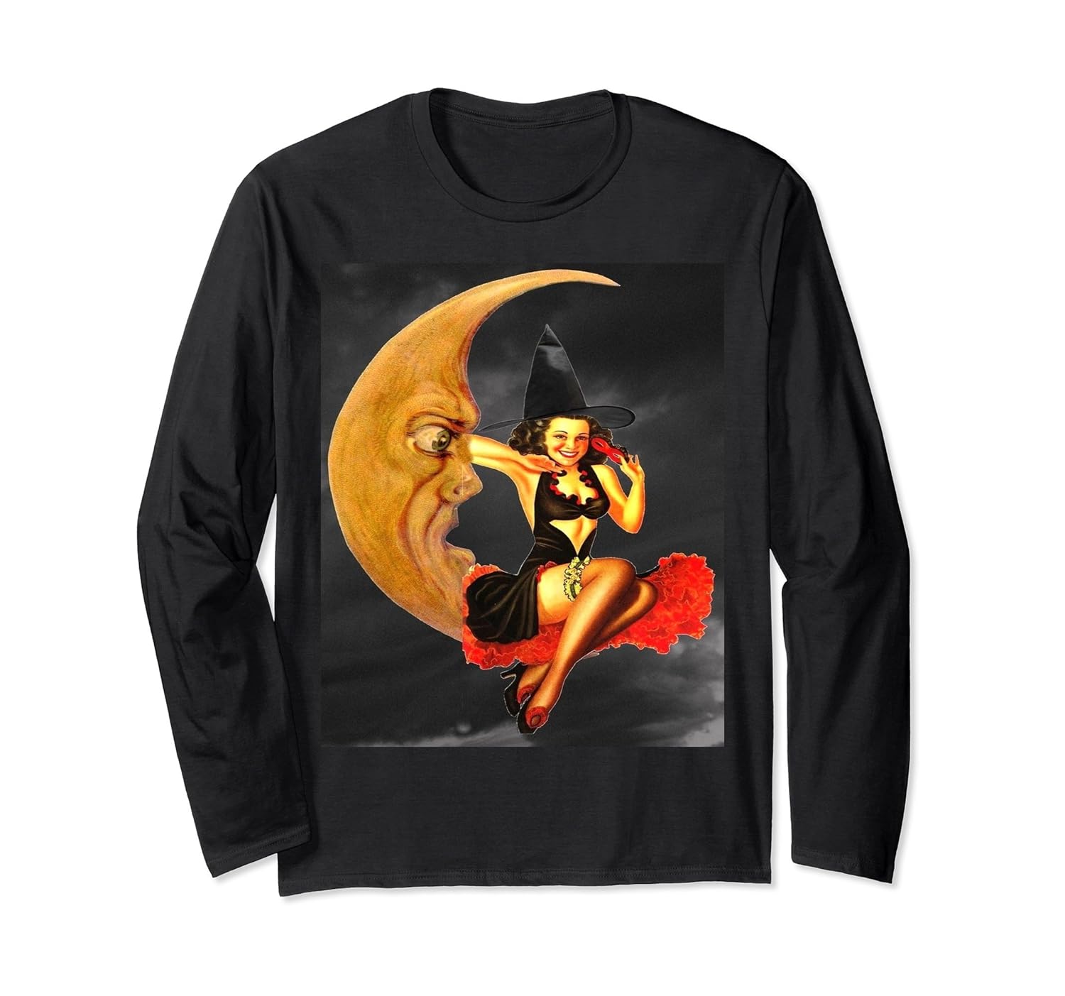 Pin Up Girl Witch on Moon Long Sleeve T-shirt- TPT