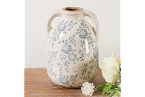 Ronasip Vintage Chinoiserie Handles 7” Blue and White Vase Decor Retro Ice Crackle Hand-Painted Peony Ceramic Pitcher Antique Style Home Decor (7.5 Inch Blue and White)