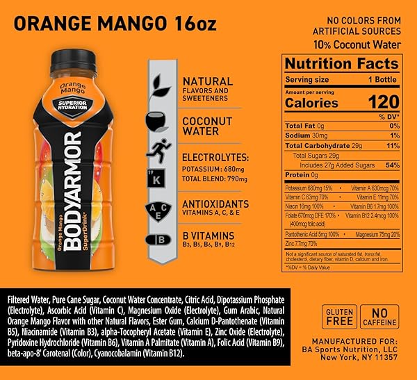 BODYARMOR SPORTS DRINK SPORTS BEVERAGE, ORANGE MANGO, COCONUT WATER HYDRATION, NATURAL FLAVORS WITH VITAMINS, POTASSIUM-PACKED ELECTROLYTES, PERFECT FOR ATHLETES, 16 FL OZ (PACK OF 12)
