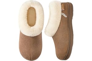 EverFoams Women's Microsuede Cozy Memory Foam Winter Slippers with Fuzzy Faux Fur Collar and Indoor Outdoor Rubber Sole