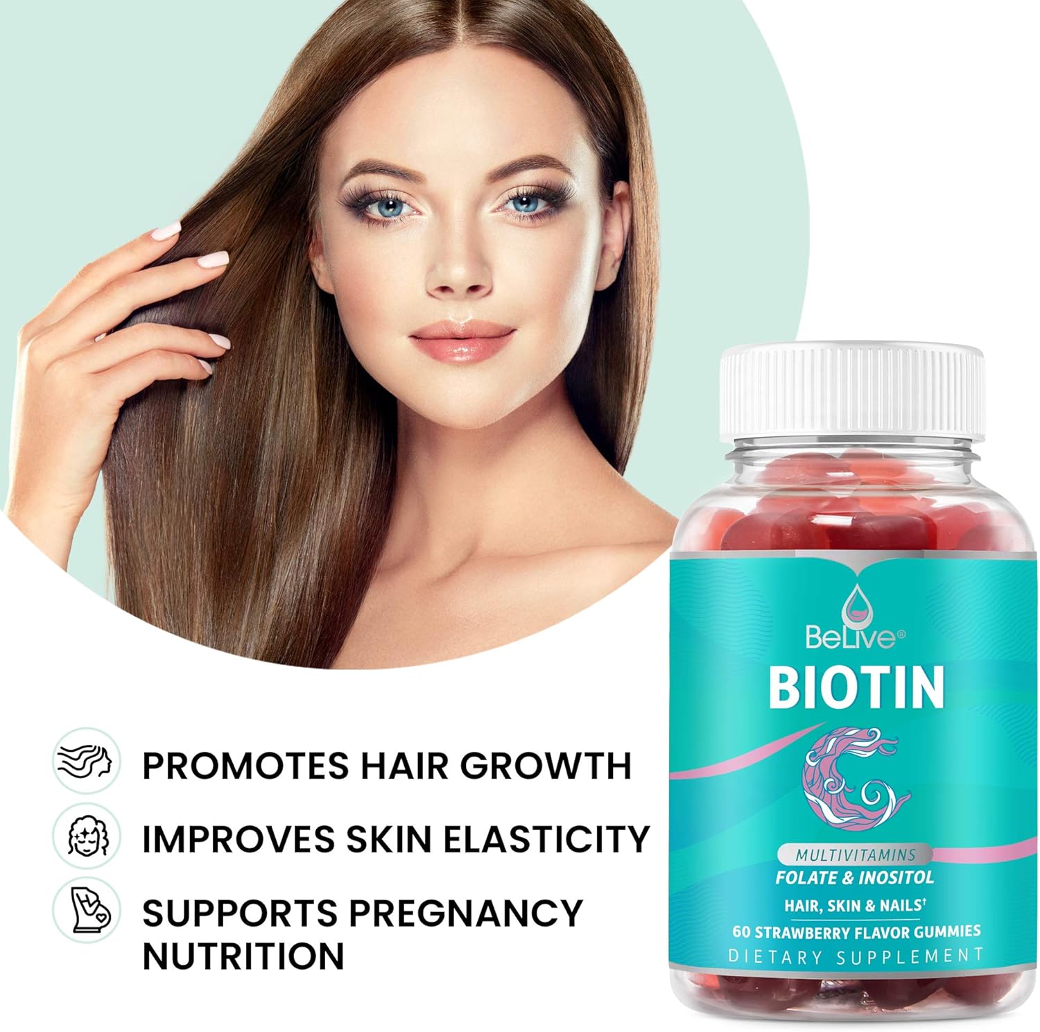 Biotin Gummies with Hair MultiVitamins, Folate, Inositol - Supports Hair Growth, Skin, Nail, Vegan, Pectin Based - Strawberry Flavor (80 Count): Health & Personal Care