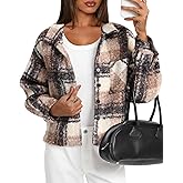 Darong Women's Cropped Fuzzy Fleece Jacket Shacket Button Down Plaid Leopard Jackets Warm Winter Soft Cozy Coat