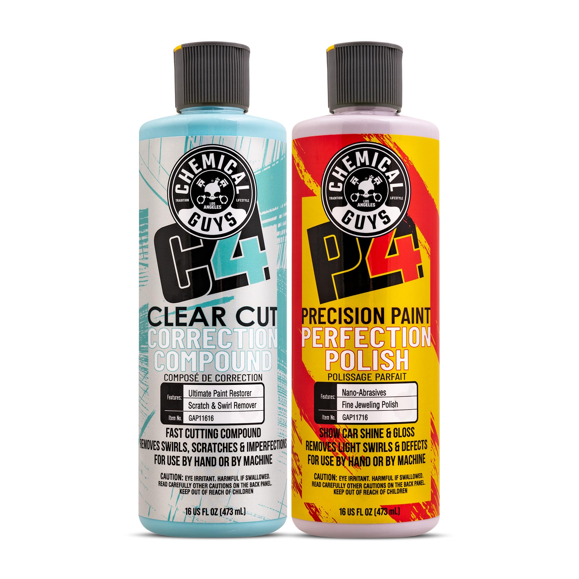 Chemical Guys C4 & P4 Clear Cut Correction Compound and Precision Paint Perfection Polish Combo - Removes Scratches, Swirls, Towel Marks, and Etching, Restores Gloss - 2 x 16 oz Image