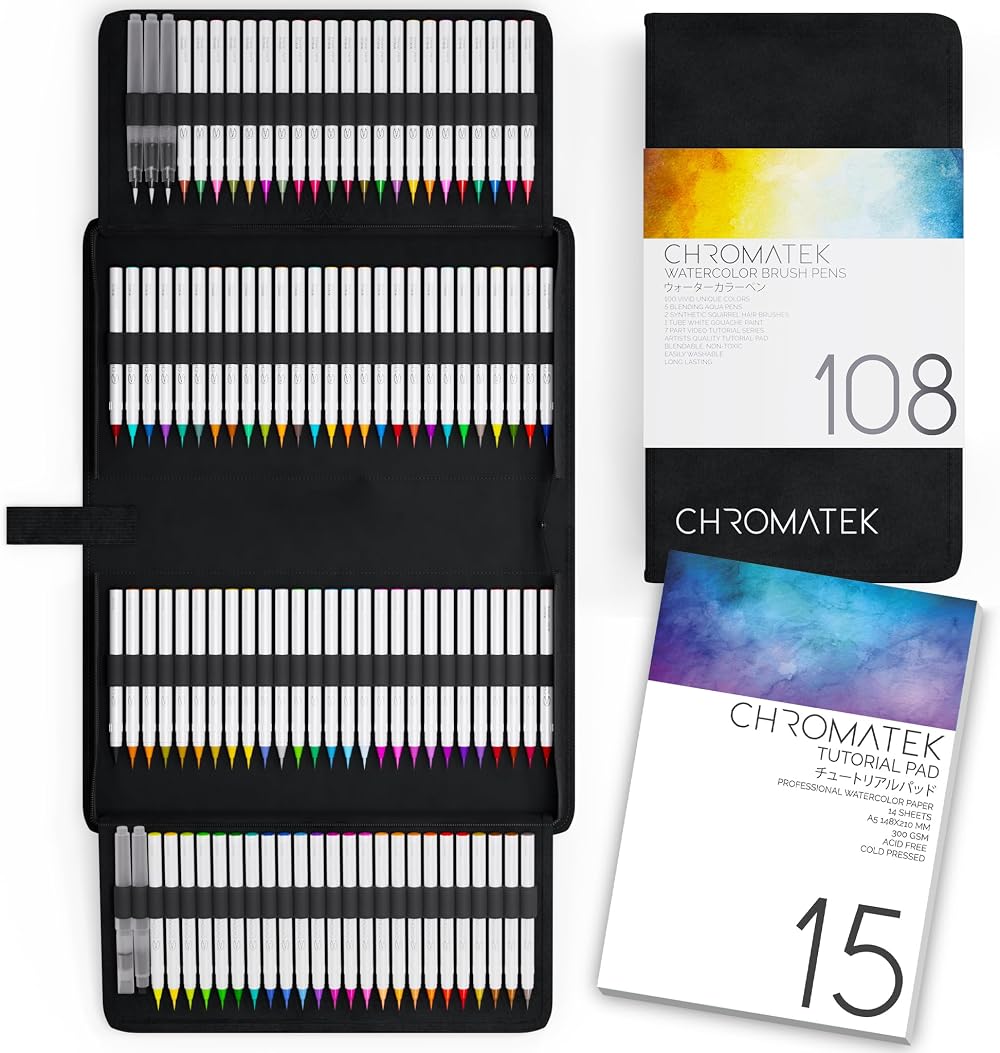 CHROMATEK 108 Watercolor Pens Set with 15 Page Pad and Tutorial Series