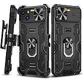 Caka for iPhone 14 Plus Case with Belt-Clip Holster & Slide Camera Cover, Built-in 360 Rotate Kickstand Stand - Black