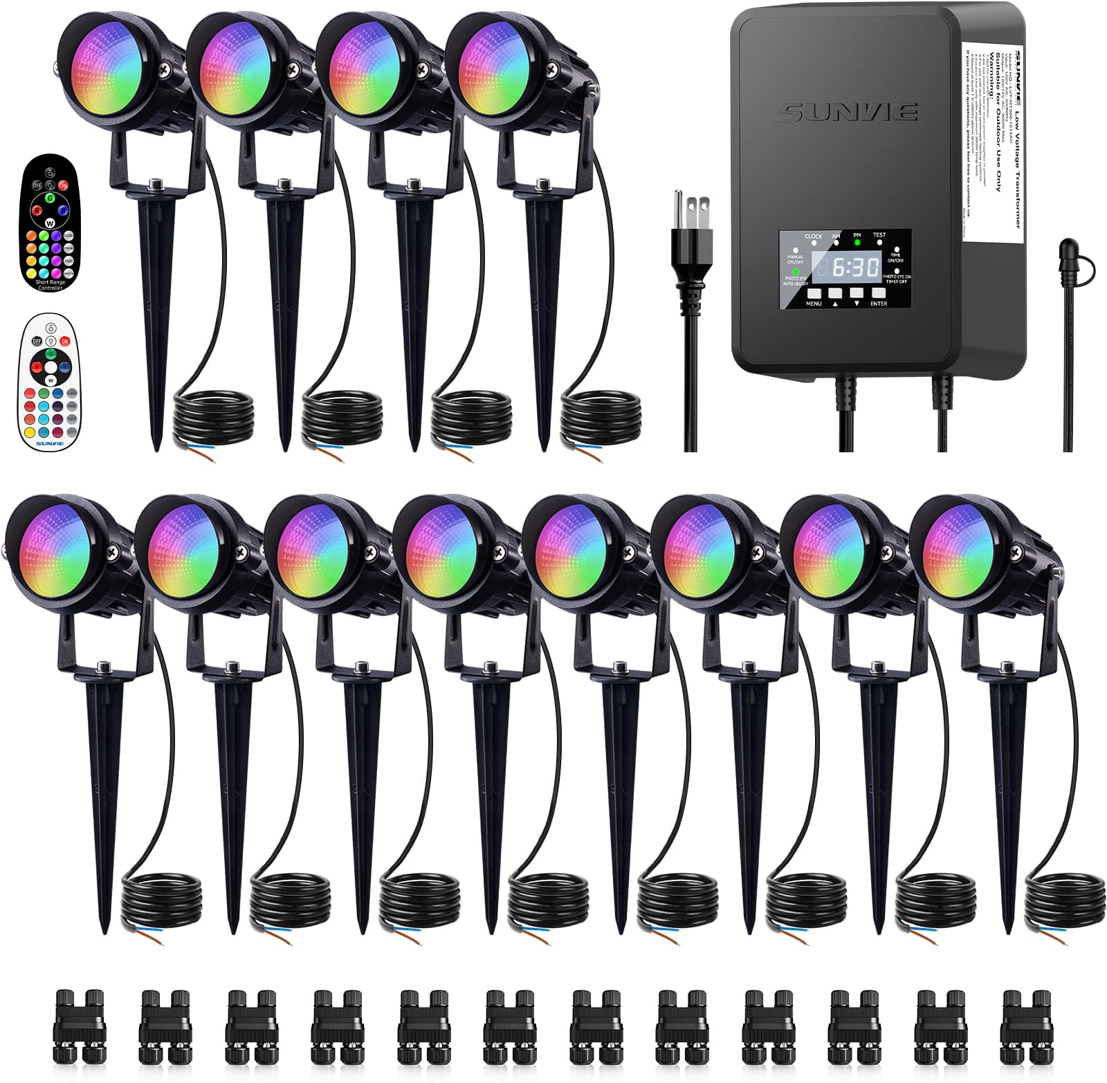 Photo 1 of SUNVIE 12 Pack RGBW Color Changing Landscape Lights with 300W Low Voltage Landscape Transformer 12-24V LED Landscape Lighting Kit Waterproof Multicolor Spotlights for Christmas House Yard Tree Garden