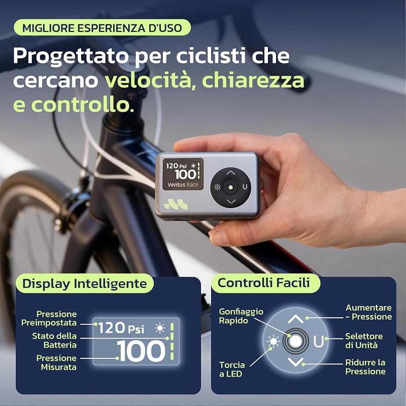 Mini Pompa Per Bicicletta, Gonfiaggio rapido in 50s, 8,3 BAR, LED
