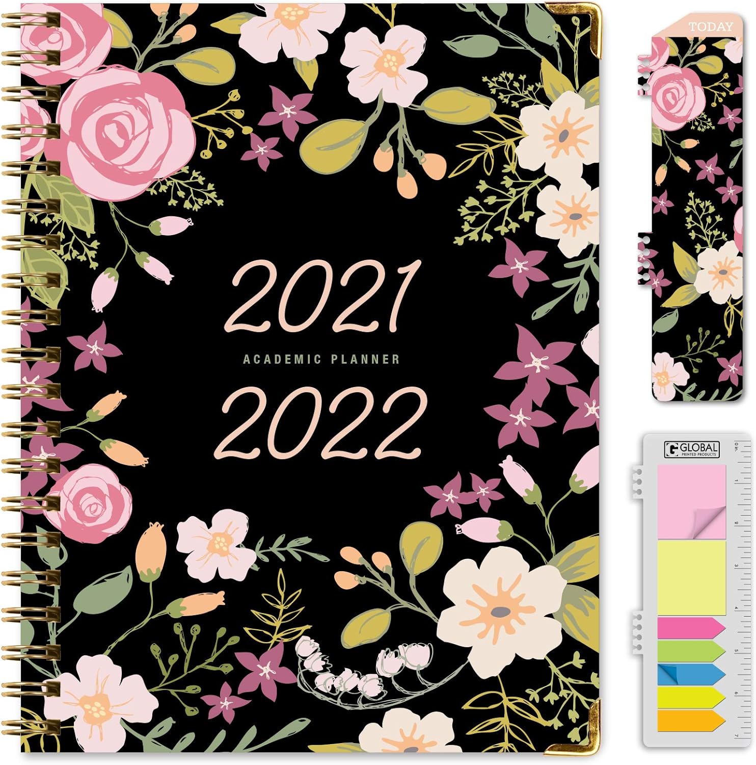 HARDCOVER Academic Year 2021-2022 Planner: (June 2021 Through July 2022) 8.5"x11" Daily Weekly Monthly Planner Yearly Agenda. Bookmark, Pocket Folder and Sticky Note Set (Black Floral) : Office Products