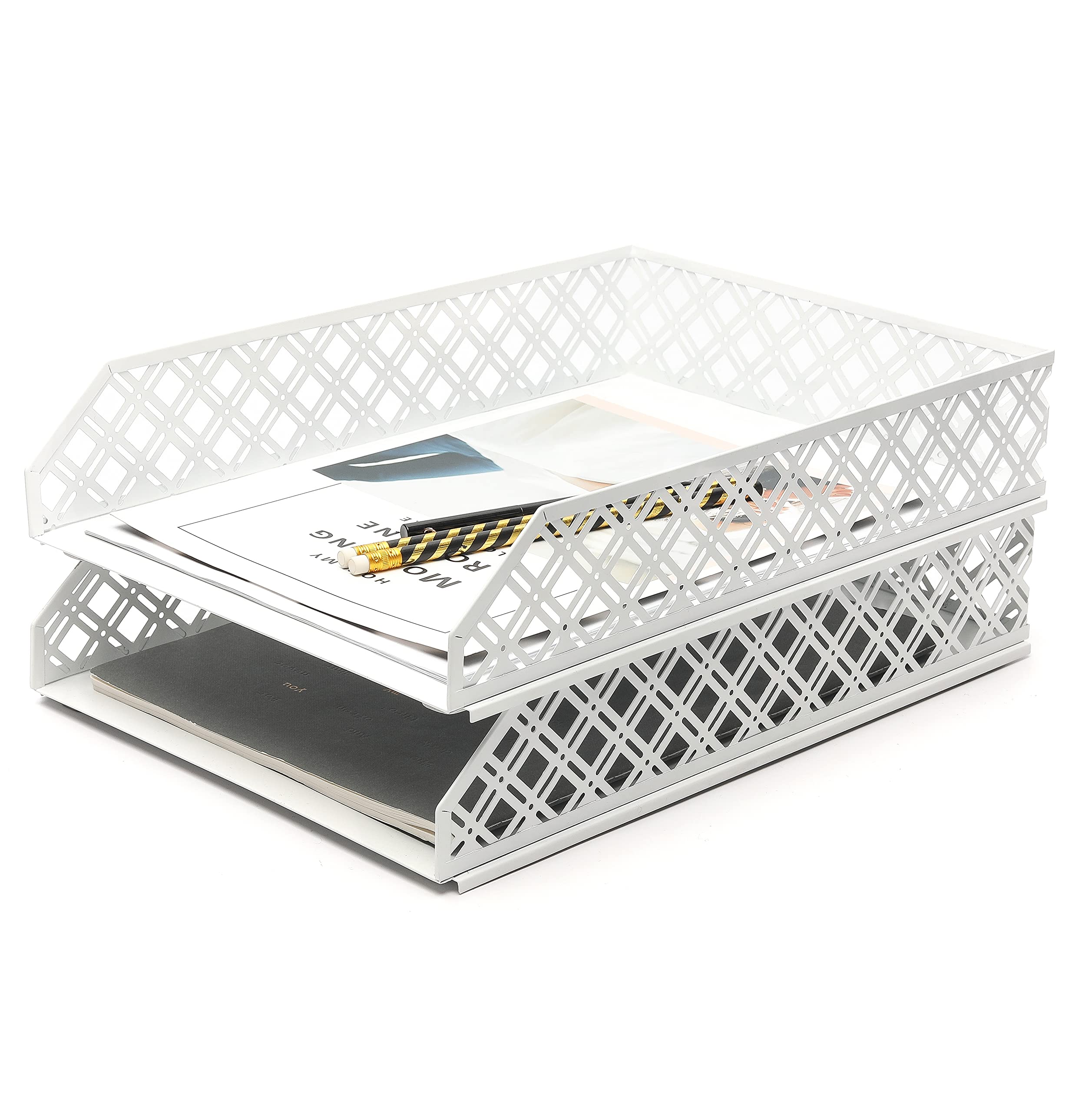 Exerz Letter Trays 2pcs Stackable Paper Sorter/Desk Organiser/File Tray for Desk - Wire Mesh Metal File Rack - Office, School, Home Study (White)