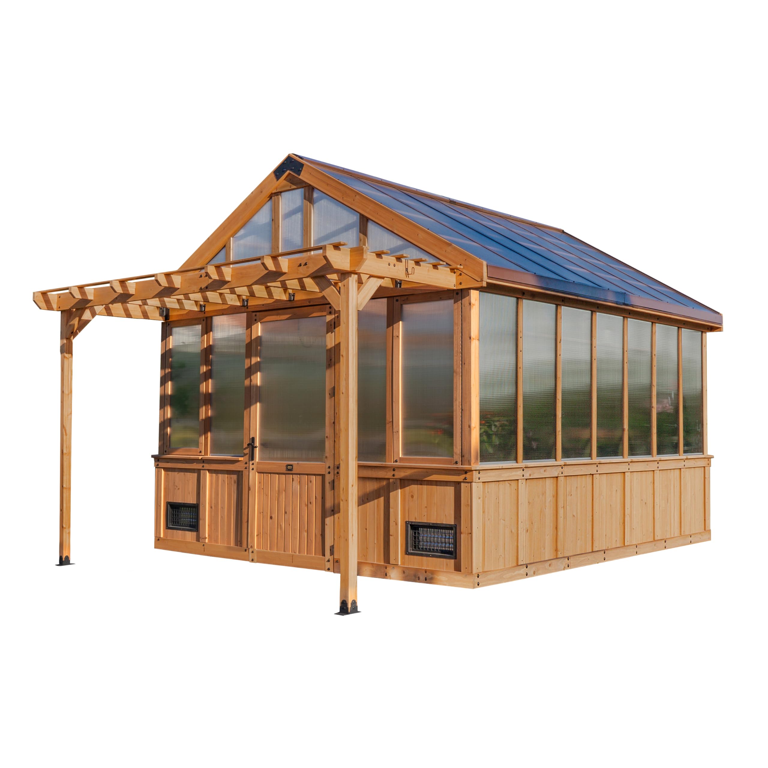 Photo 1 of ***FACTORY SEALED***
Backyard Discovery Bellerose XL 13' x 11' Cedar Wood and Polycarbonate Walk-in Greenhouse Kit with Pergola, Exhaust Fan, Windows, Hose Hook-Ups, PowerPort, Staging Shelves for Outdoor Gardening