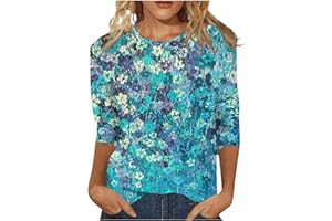 MABUTINGTI 3/4 Length Sleeve Womens Tops 2024 Floral Print Vintage Fashion Casual Loose with Round Neck Plus Size Shirts