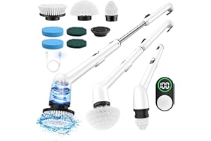 LyriFine Electric Spin Scrubber with LED Display, LY7 Pro New Full-Body IPX7 Waterproof Bathroom Cleaning Brush, 7 Brush Heads Shower Scrubber with Long Handle, Dual Speed for Bathtub Tile Floor