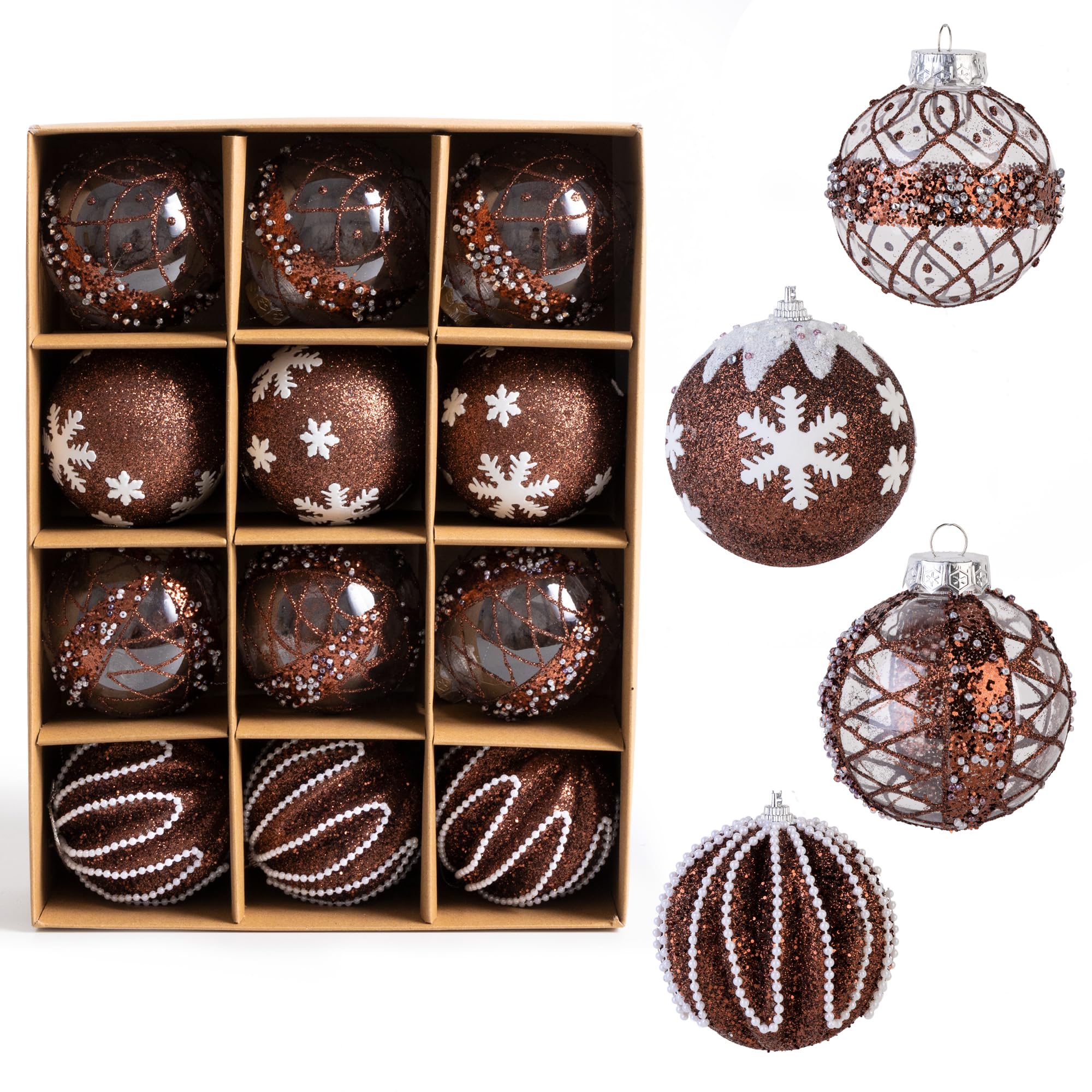 Photo 1 of 12 PCS Christmas Ornaments Set, 3.15-Inch Glitter Christmas Hanging Balls, Decorative Hanging Ornament Decorations, Xmas Shatterproof Plastic Balls for Holiday Party Wreath Garlands Trees, Brown