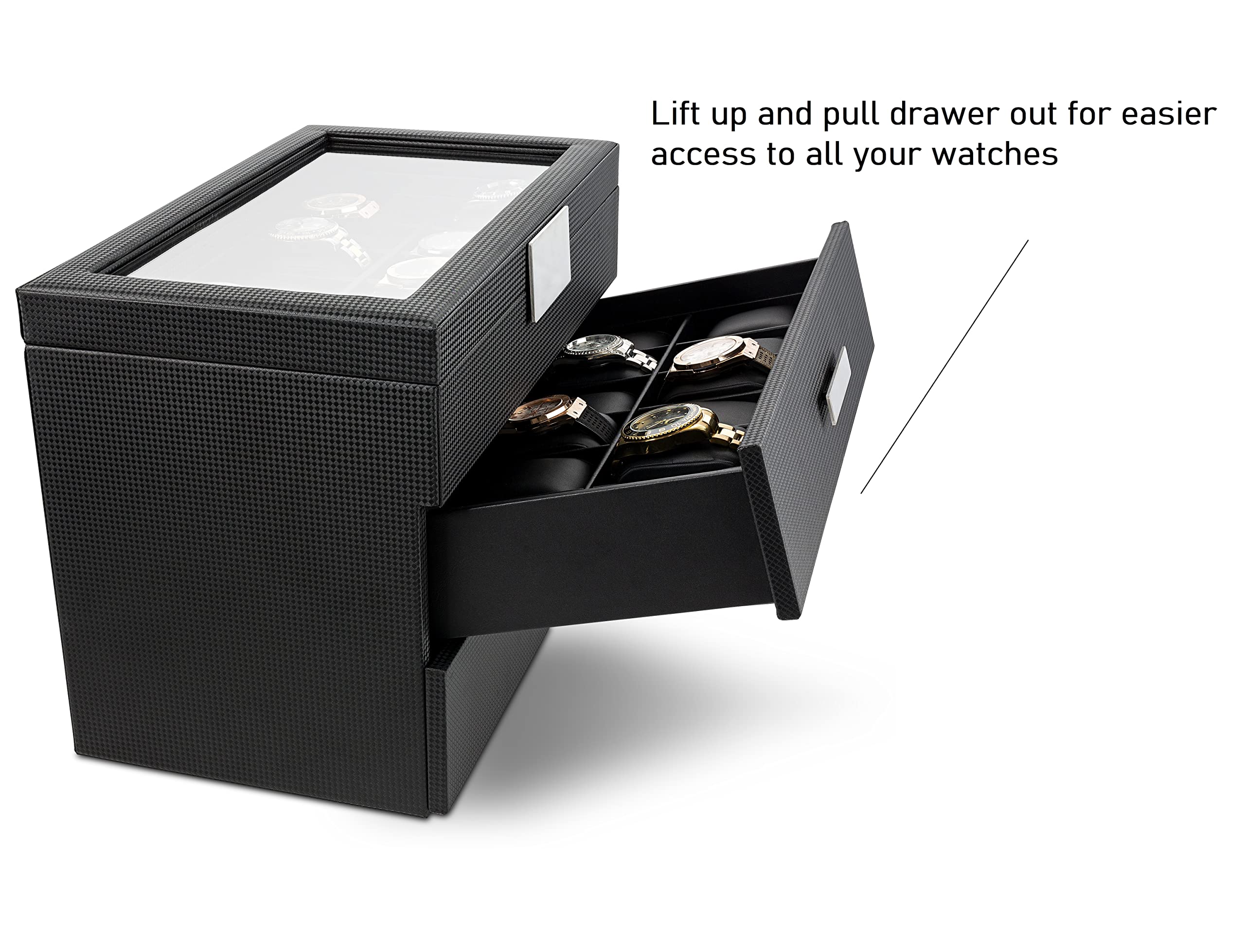 36 Slot Watch Box for Men - Mens Watch Case w Large Glass Lid, Luxury Carbon Fiber Design Mens Watch Box - Watch Holder for Men w Metal Accents & Sturdy Hinges, Watch Display Case Drawer &