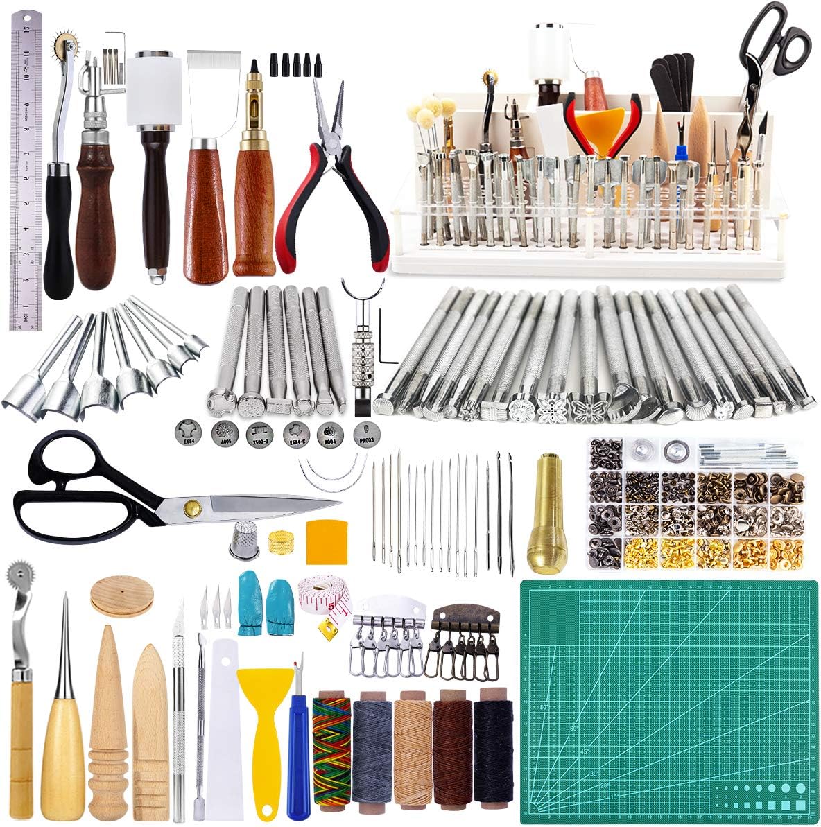 650 Pcs Leather Working Tools Kit, 26 Pcs Leather Stamping Tools, Leather Sewing Kit, Leather Tool Holder, Leather Making Tools Set for Leather Cutting Skiving Stamping Carving, Great for Beginners