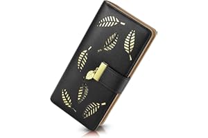 PGXT Women's Wallet Women Credit Card Holder Hollow Leaf Pattern Bifold Leather Lady Long Wallet Purse Zip Birthday Xmas Gifts for Women Girls(Black)