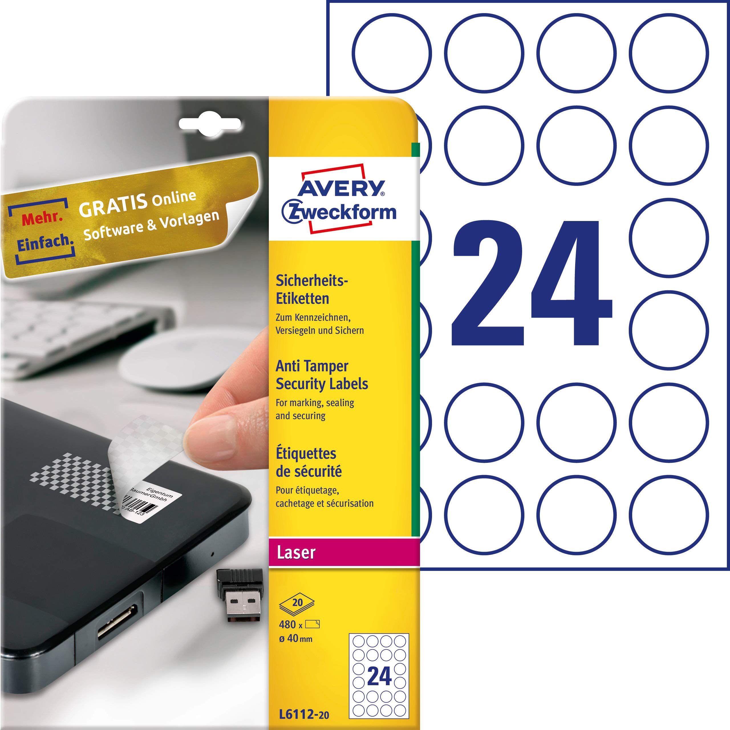 Avery Zweckform L6112-20 Anti-Tamper Security Labels 20 Sheets / 480 Labels / Diameter 40 mm White