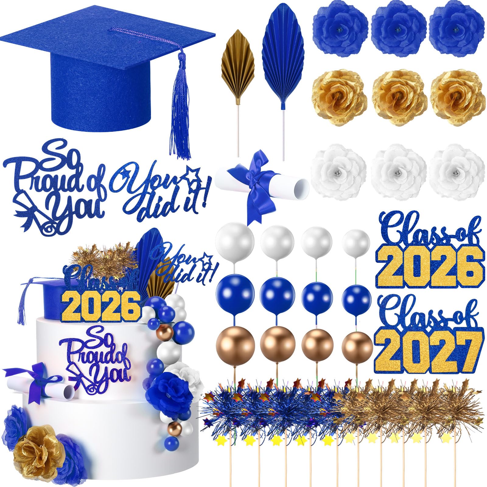 sureio 48 pcs graduation cake toppers class of 2026 congrats grad cake decor graduation cap diploma artificial flower card ball palm leaves firework stick kit for theme party supplies(blue, gold)