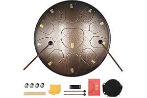 Eavnbaek Steel Tongue Drum 10 Inch 11 Note Steel Hand Drum with Bag, Music Book, Drumsticks, Mallet Holder and Finger Paddles, for Camping, Meditation or Yoga (Bronze)