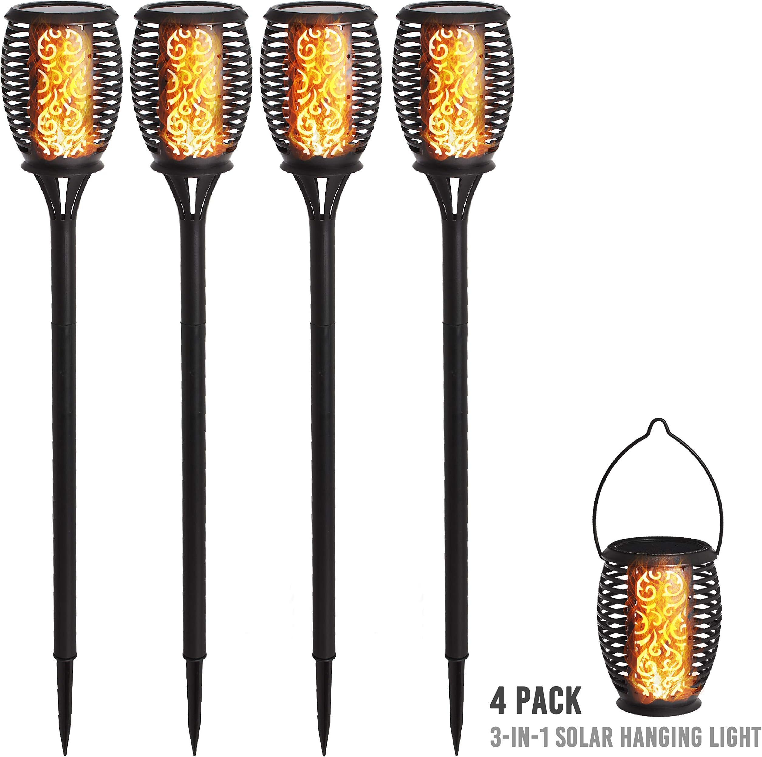 DECO EXPRESS Solar Lights Outdoor, Pack of 4 LED Torch Lights Garden Flame Effect, IP65 Water Resistant Solar Light, Home Decoration Lighting for Party Garden Patio Pathway, Gardening Gifts