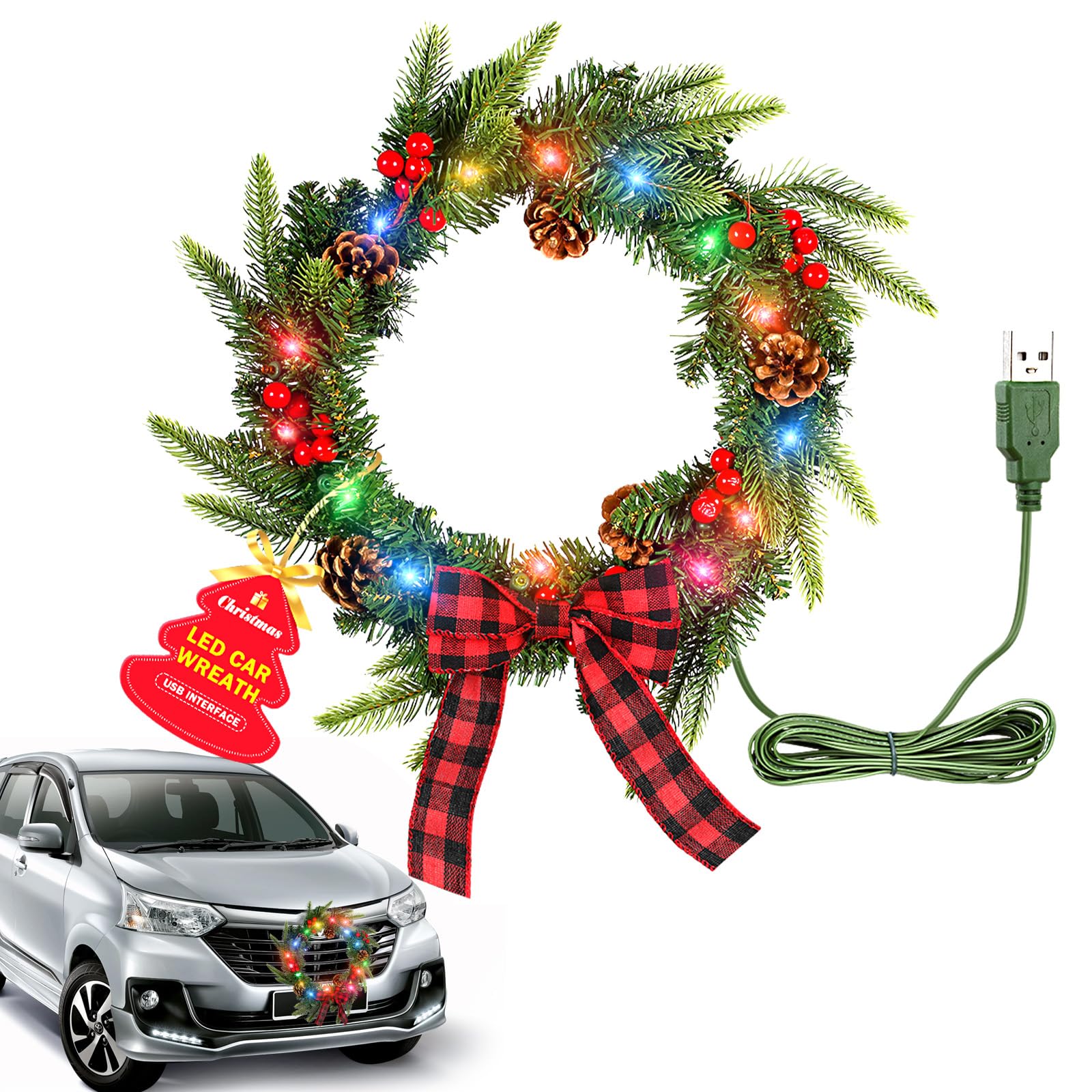 Photo 1 of ***PLUG MISSING***Ovsor 14" LED Light Up Car Wreath - 24 Color Pre-Lit, RGB LED Christmas Wreath for Car Truck SUV Decorations***PLUG MISSING***