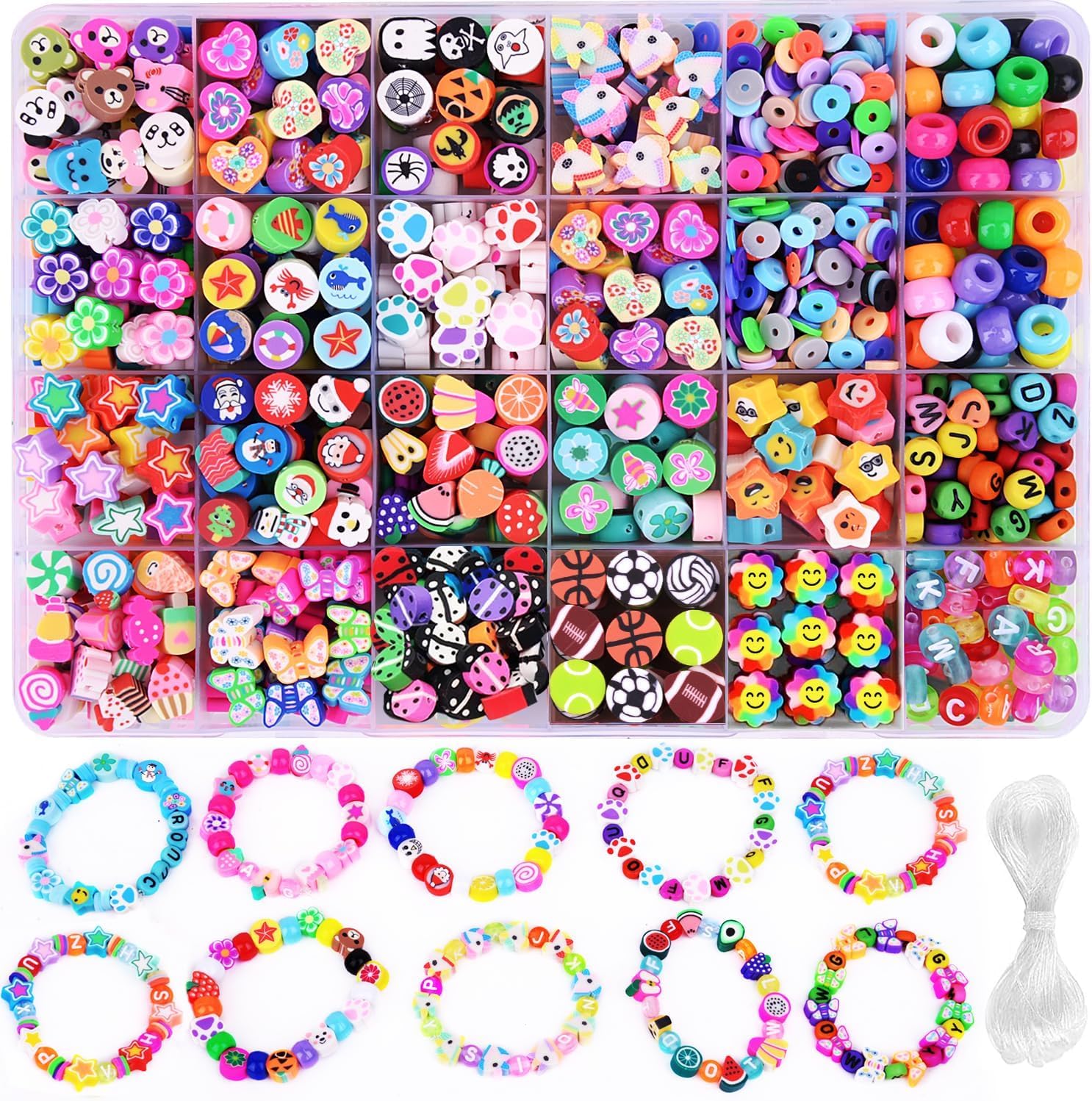 Photo 1 of 1000PCS Polymer Clay Beads Bracelet Making kit, 24 Style Cute Fun Beads Fruit Flower Animal Cake Butterfly Heart Beads Charms for Jewelry Necklace Earring Making DIY Accessories for Women Girls