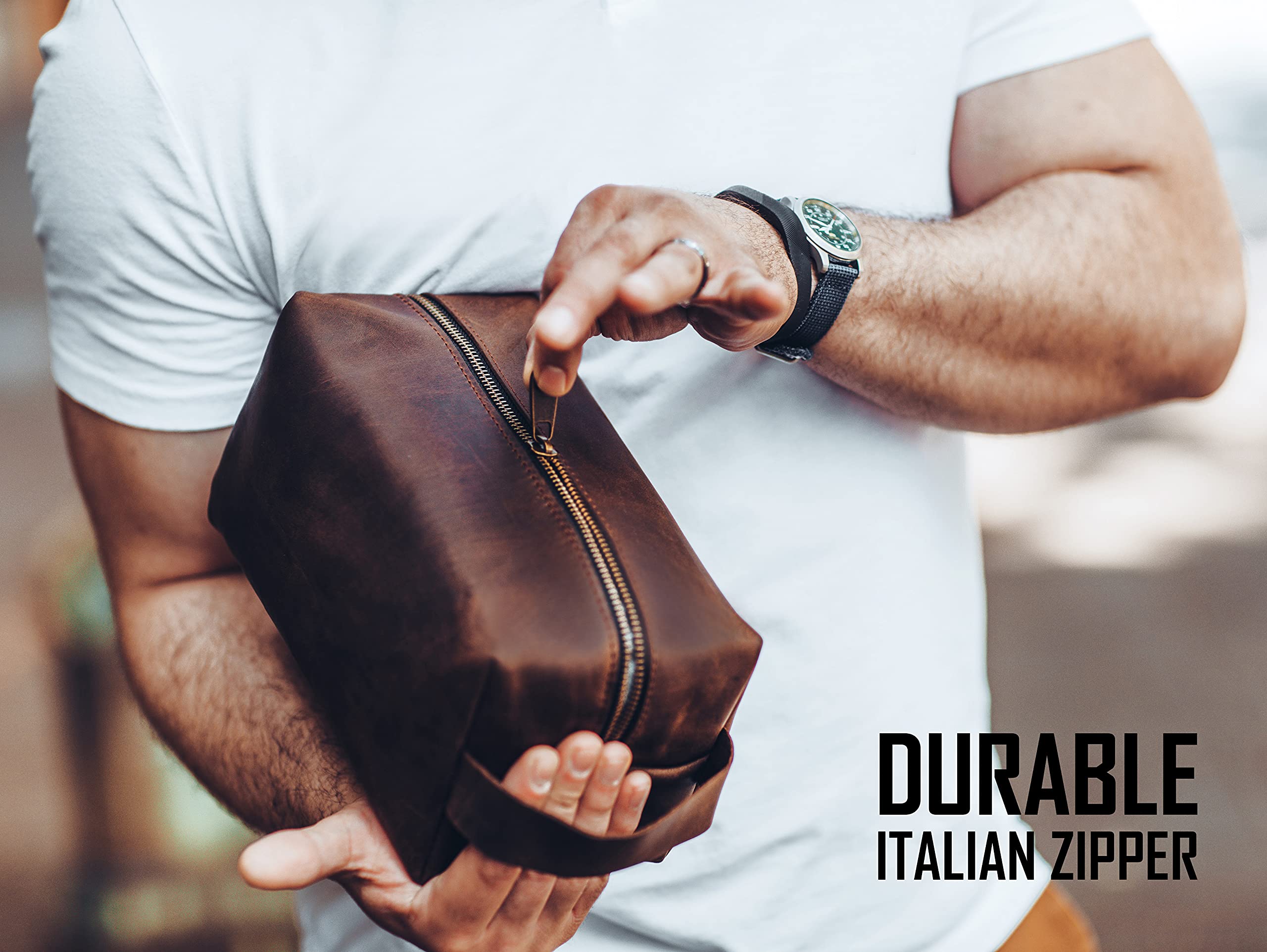 Viva Workshop 100% Genuine Leather Toiletry Bag Engraved Name or Initials – Crafted in USA – Personalized Travel Bag for Men – Customized Birthday, Anniversary, Father & Groomsmen Gift – Mens Waterproof Dopp Kit