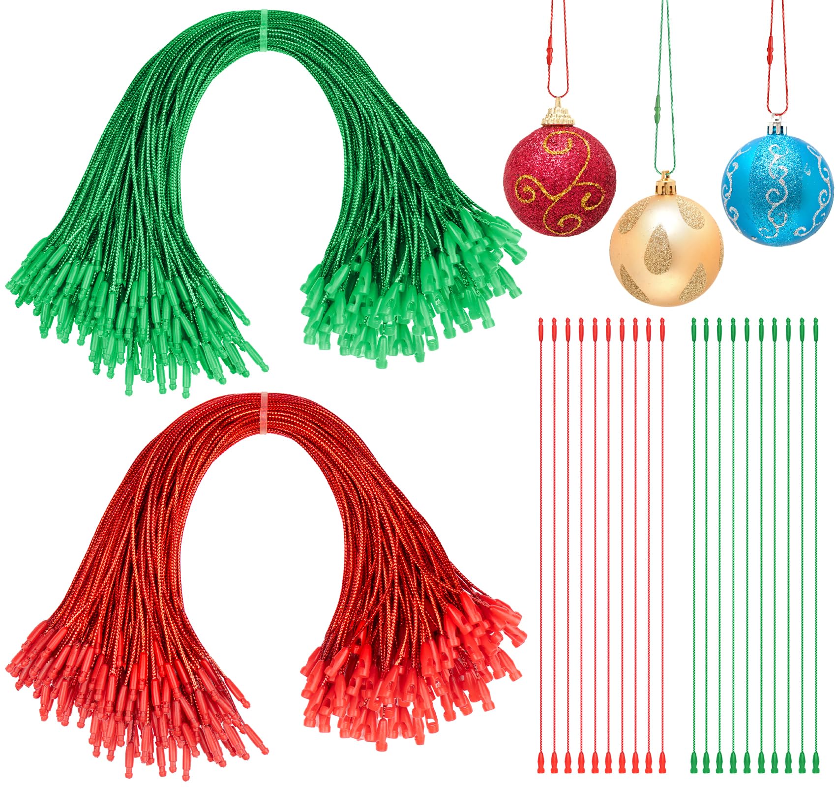 ilauke 200Pcs Christmas Tree Ornaments Hanger Strings with Snap Lock, Xmas Ornament Hanging Rope, Precut Hanging Thread for Crafting (Red, Green)