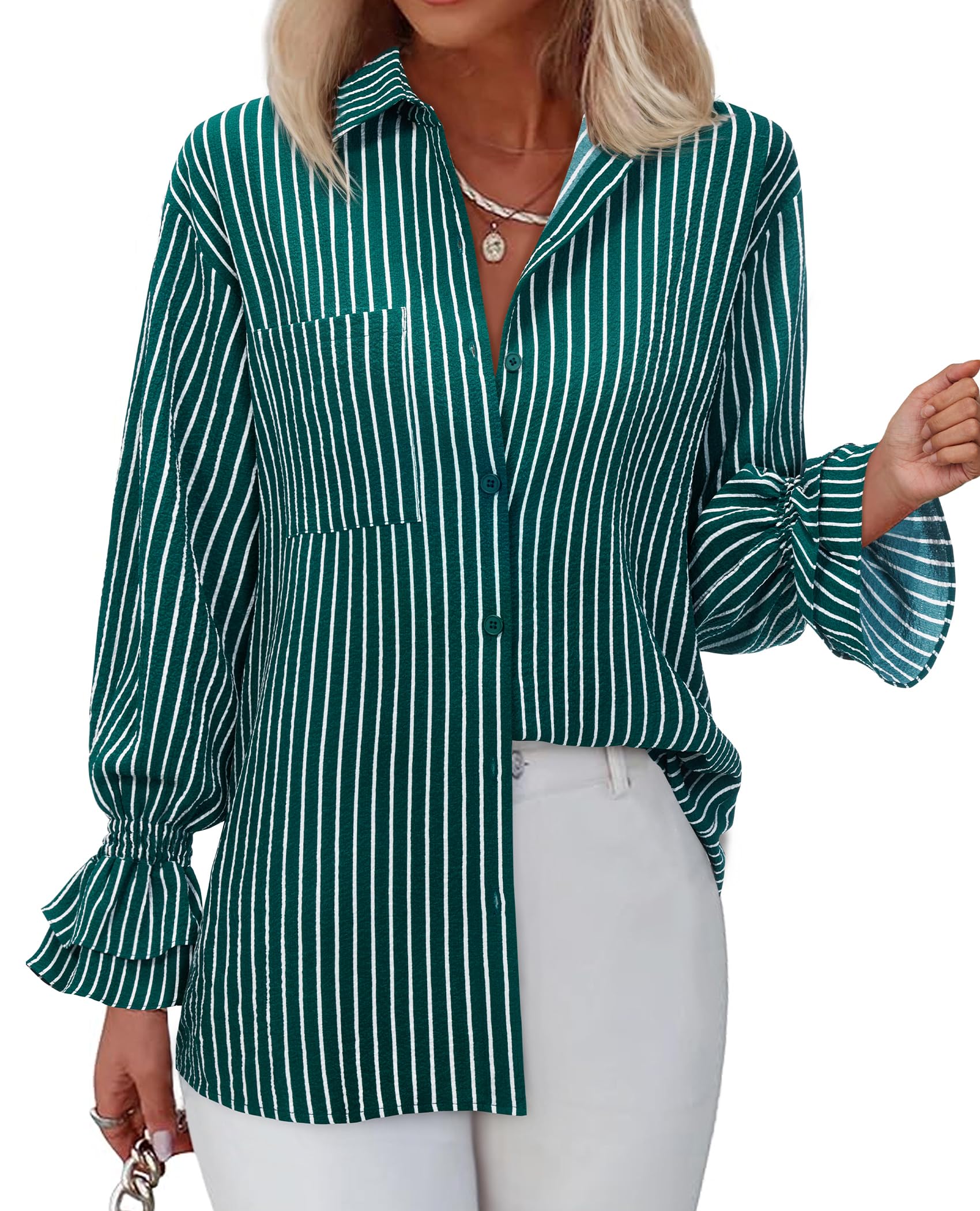 Photo 1 of Gleeivy Women's Striped Button Down Shirt Smocked Cuffed Boyfriend Blouse Ruffle Sleeve Casual Tunic Tops