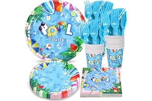 Atonofun Pool Party Supplies, Pool Plates and Napkins Set, Disposable Plates, Cups, Napkins and Forks for Birthday, Baby Shower, Summer Beach, Pool Themed Party Decorations Serves 24