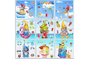 ZHENYI Summer Window Clings Gnome Stickers - Beach Watermelon Lemon Tropical 9 Sheets Window Decals Anti-Collision for Kids,for Glass Car Summer Party Decoration (82pcs)