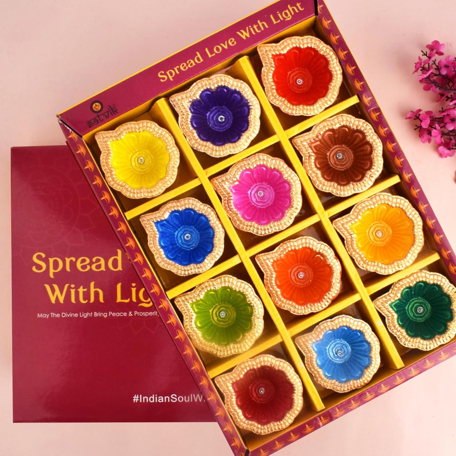 Oil Lamps & Accessories - SATVIK 12 Pc Multicolor Clay Diya Terracotta Dia Traditional Puja Vilakku Oil Lamp Natural Mitti Diya Tea Light Welcome Diwali Deepawali Navratri Pooja Décorations Indian Housewarming Return Gift Item