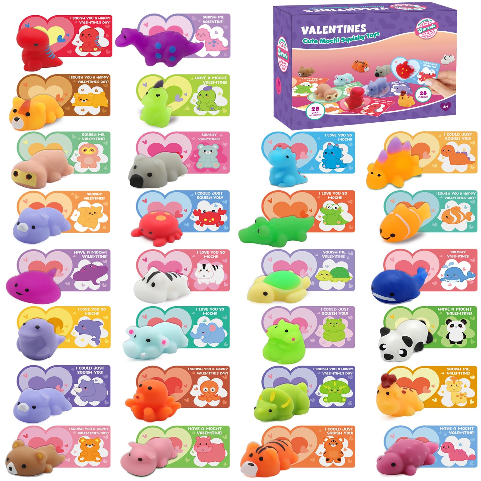 Photo 1 of ***OPEN BOX -MISSING PIECES -SELLING AS IS *** SURCVIO 28 Pcs Mochi Squishies Party Favor Set with Valentines Greeting Cards for Kids, Valentines Day Gifts for Kids, Valentine's Day School Prize Party Favor, Classroom Exchange Gift Set