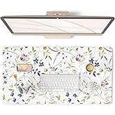 QIYI Floral Mouse Pad, Large Desk Mat for Desktop, Women Girls Watercolor Flowers Office Décor Desk Accessories, PU Leather Waterproof Gaming Mousepad, Wildflowers Desk Pad Computer Mat, 31.5" x 15.7"