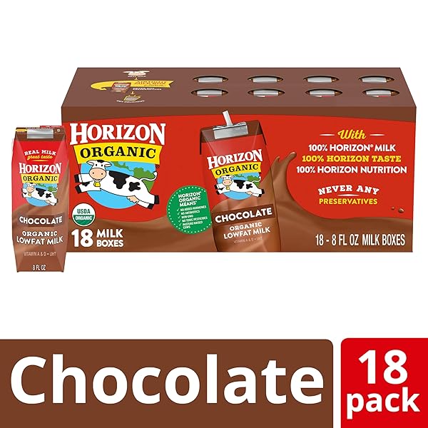 HORIZON ORGANIC SHELF STABLE 1% LOWFAT CHOCOLATE MILK BOXES, 8 FL OZ, 18 COUNT – 8G PROTEIN PER SERVING, USDA ORGANIC UHT FROM PASTURE-RAISED COWS, READY TO DRINK FOR LUNCHBOX, TRAVEL, OR ON-THE-GO, NO REFRIGERATION NEEDED