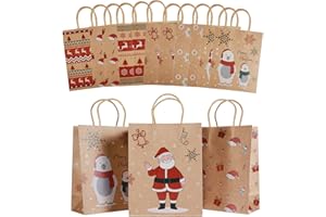 Mjokoj 24 Pack Christmas Gift Bags, 6 Designs Christmas Kraft Paper Bags, 8.85x7.08x3.5 Inches with Handles Xmas Gift Bags, Suitable for Holiday Kraft Paper Gift Bags, Reusable Christmas Gift Bags