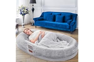 YOJOKER Human Dog Bed for People Adults, Giant Bean Bag Bed with Blanket 72"x48"x10", Washable Faux Fur Nap Bed Adult Oval for People, Families, Pets Removable Large Memory Foam Human Sized Dog Bed Grey